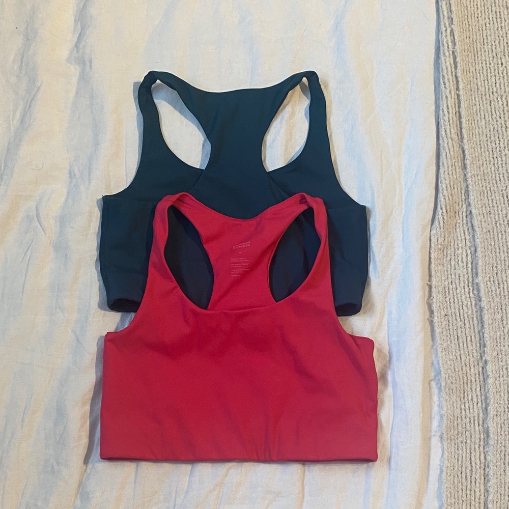 Pink and Teal Girlfriend Collective Paloma sports bras